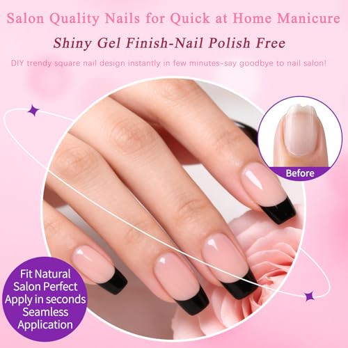 Medium Square Black French Tip Press On Nails - Reusable Fake Nails with Glue Tabs