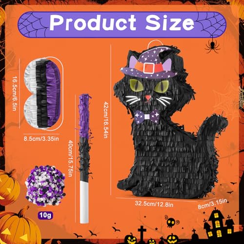 Halloween Cat Piñata with Blindfold and Stick - Black Cat Party Decor
