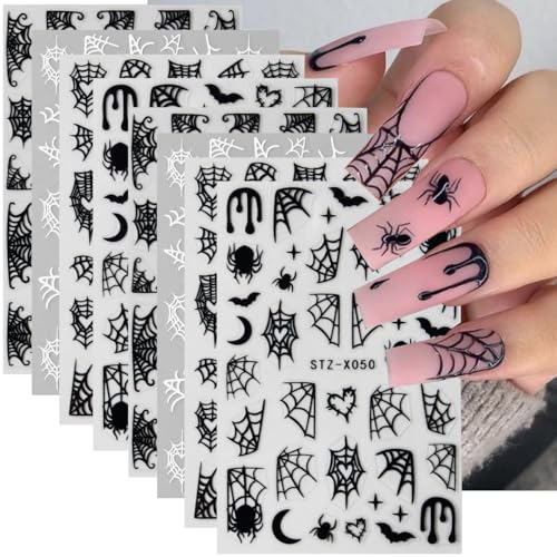 Halloween Spider Web Nail Stickers - Black Stars Moon Flame Design, 8 Sheets, DIY Manicure Decorations - Black Variant