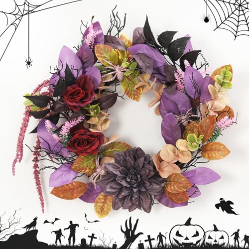 Halloween Wreath 18 Inch with Artificial Roses & Spiders - Round Red & Purple Flowers