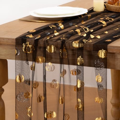 MLMC Fall Pumpkin Table Runner Black Sheer Gauze Foil 6PC - Elegant Holiday Decor