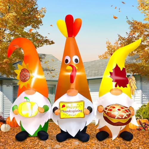 Thanksgiving Inflatable Gnome with LED Lights - Fall Yard Decoration, 7FT - Thanksgiving Day Outdoor Decor - Variation of Thanksgiving Three Gnome