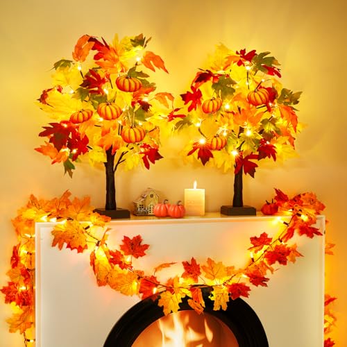 2 Pack 24-Inch Lighted Fall Maple Trees with Pumpkins - Indoor Halloween Thanksgiving Decor