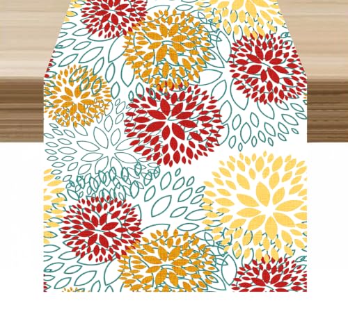 Dahlia Floral Table Runner Red Dahlia - 13x72in Linen Boho Decor