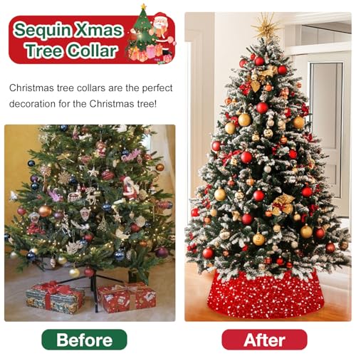 Red Christmas Tree Collar Sequin Tree Skirt 28 Inch Velvet Holiday Decor