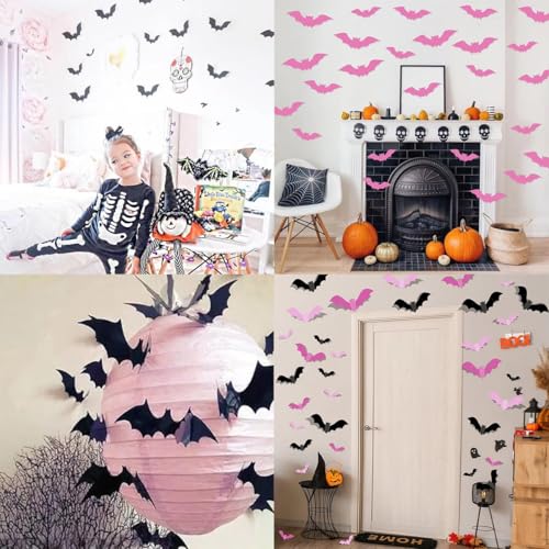 Pink & Black 3D Bat Wall Decor - 48pcs Halloween Wall Stickers - Style 4