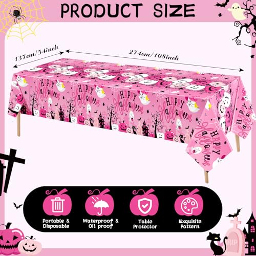 Halloween Plastic Tablecloth - Pink Pumpkin Ghost Bat Design, 54x108 Inches - Weird