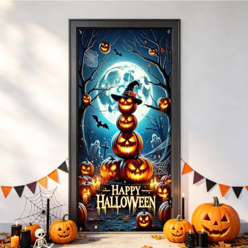 Halloween Door Cover Pumpkin 80x36 Inch Scary Front Door Banner Polyester Fabric