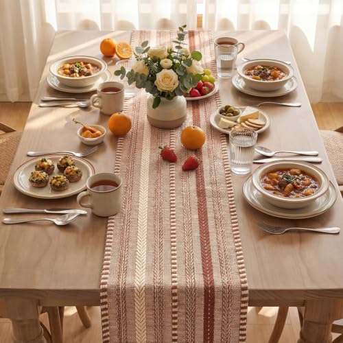 Caramel Farmhouse Stripe Braided Table Runner 12x120 Inch - Cotton & Polyester