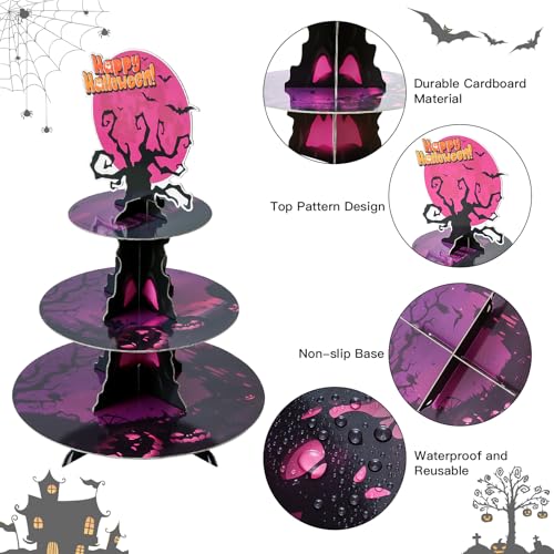 Halloween 3-Tier Cupcake Stand with Red Moon and Tree Design - Horror Theme Dessert Tower