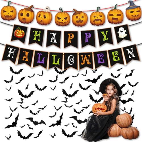Halloween 3D Bat Wall & Window Stickers Set with Banners - Reusable Party Decorations
