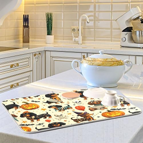 Halloween Dachshund Puppy Dog Pumpkin Dish Drying Mat - Multi 15/18 Inch