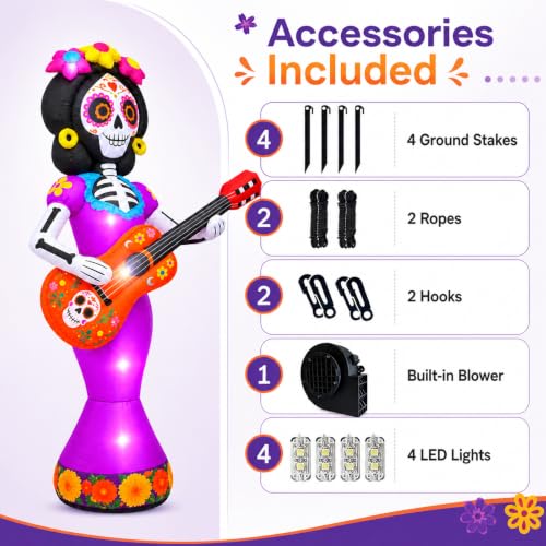 Halloween Inflatable Sugar Skull with Guitar - 6 FT Day of the Dead Decor with LED Lights, Yard & Lawn Decorations - Variation: Guitar Sugar Skull