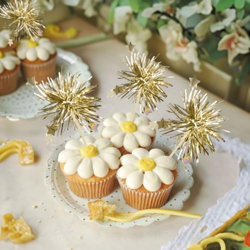 Foil Firework Cupcake Toppers - Light Gold Star Party Decoration 30Pcs