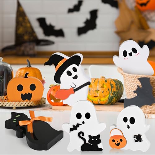 Halloween Wooden Decor Set - Ghost and Pumpkin Signs, Ghost C Variation, Indoor Fall & Holiday Table Decorations
