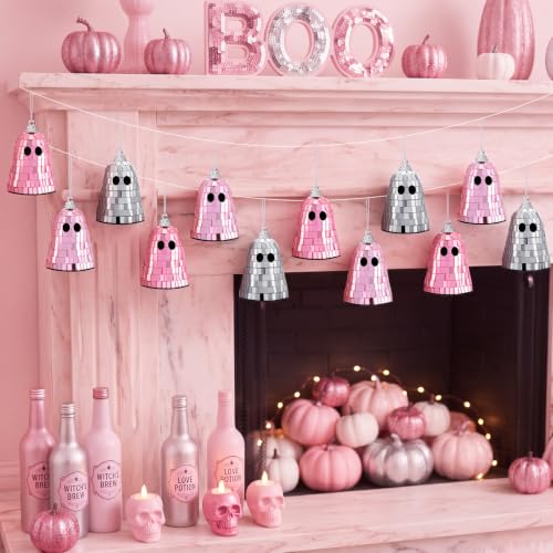 Halloween Disco Ghost Ornaments - Pink Mirror Ghosts for Halloween Party Decor - 12 Pcs