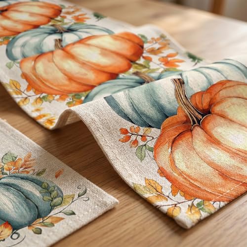 Fall Pumpkin Table Runner 13x72 Inches with 4 Placemats - Autumn Decor