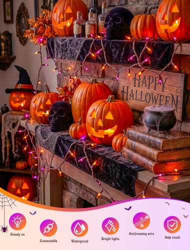 Halloween String Lights 13FT 50 Count Orange & Purple Lights - Brown Wire, Connectable, Waterproof, Festive Decor
