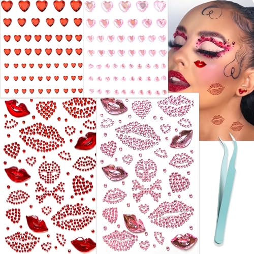 Red-Pink Kiss Face Gems Self-Adhesive Face Stickers for Makeup & Rave