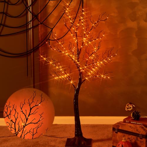 Halloween Tree Lights 150 Orange LED 4FT Black Artificial Decoration Outdoor