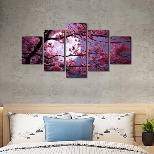 Moonlit Sakura Tree Wall Art Canvas Print - Japanese Inspired Decor, 60x32 Inches - Variation of Artwork-04