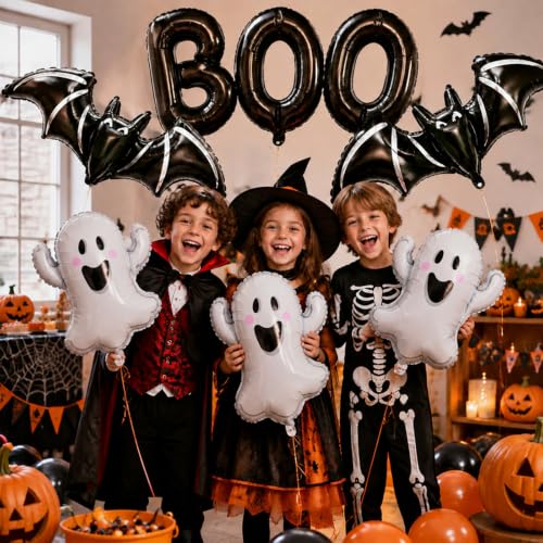 Halloween Ghost and Bat Foil Balloon Set - Black and White Party Decorations