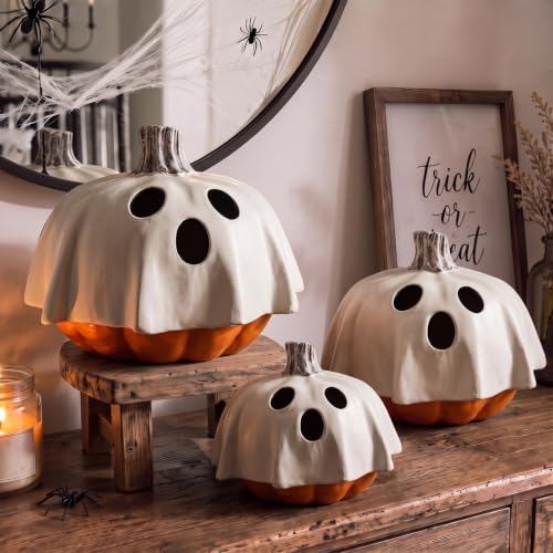 Halloween Ghost Pumpkin Decor Set - 3 Resin Figurines 7, 6 & 5 Inches - AceOrbit