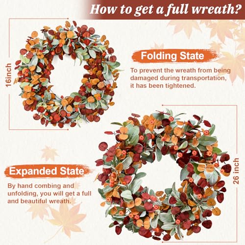 Fall Wreaths for Front Door - 26 Inch Autumn Door Decor with Lambs Ears, Leaves, Pumpkin - Set of 1 (Orange, Red, Green)