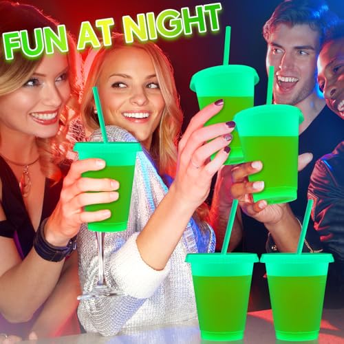15 Pack 16 oz Glow in the Dark Halloween Cups with Lids & Straws - Fluorescent Green