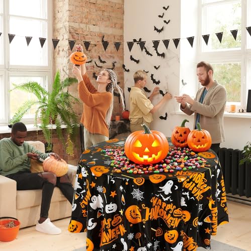 Halloween Tablecloths 3 Pack 84 Inch Pumpkin Black - Disposable & Waterproof