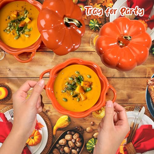Pumpkin Ceramic Soup Bowls Set - 15 oz Orange Halloween Kitchen Tableware