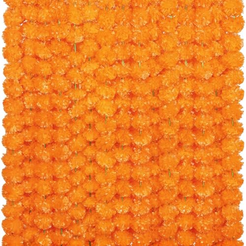 Light Orange Marigold Garland Set - 15 Strands, 5 Feet Long for Weddings Diwali & Festivals - Artificial Floral Decor