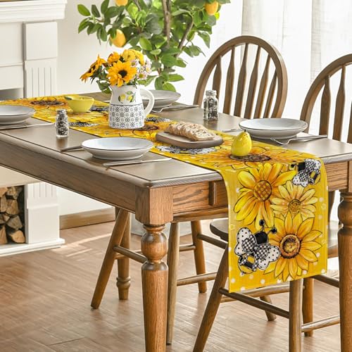 Yellow Sunflower Bee Flower Polka Dot Summer Table Runner 13x72 Inch - Home Decor