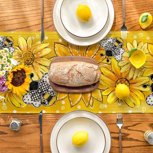 Yellow Sunflower Bee Flower Polka Dot Summer Table Runner 13x72 Inch - Home Decor