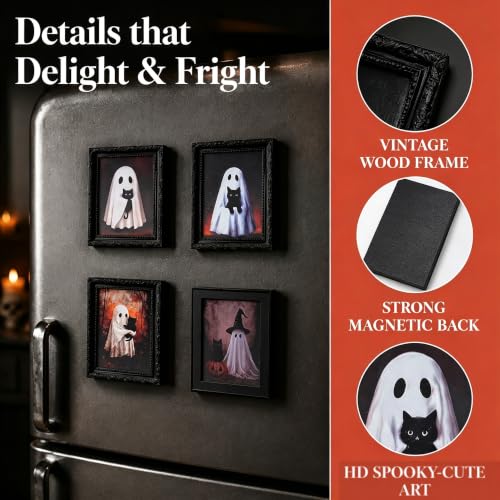 Halloween Ghost Fridge Magnets Set - Wooden Framed Cartoon Wall Decor for Kitchen & Refrigerator