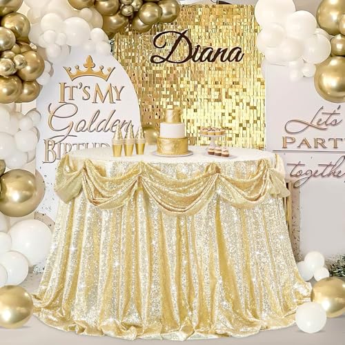 132-Inch Round Light Gold Sequin Tablecloth for Party & Wedding Decor