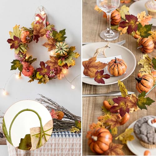 Artificial Maple Leaves Branches - Fall Decor for Thanksgiving & Halloween, 17.7in, Green-Yellow-Red