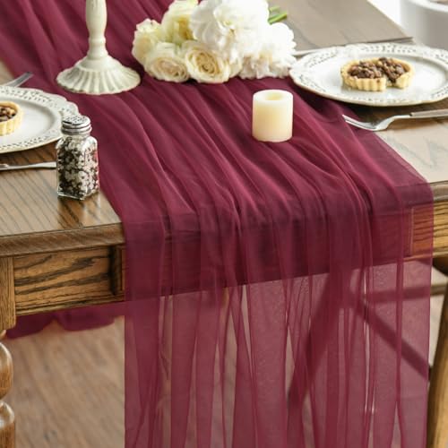 10PCS Burgundy Gauze Table Runner Set - 59 x 120 Inch, Wedding & Holiday Decor