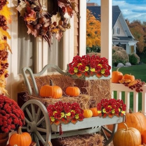 Fall Flowers Artificial Geraniums Set - Red Autumn Faux Decor, 2 Pcs