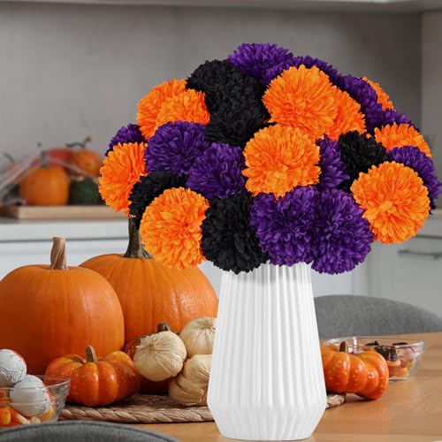 Halloween Artificial Flower Bouquet 36 Pcs Velvet Silk Chrysanthemums in Black Orange Purple with Stems — Halloween Party & Home Decor