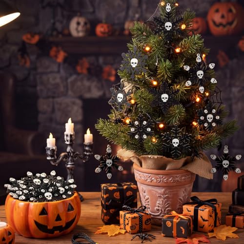 Halloween Skull Snowflake Wooden Ornaments Set - Gothic Hanging Decorations, 36 Pieces, Variation: Snowflake