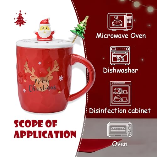 Red Santa Christmas Mug with 3D Lid and Spoon - 14oz Ceramic Holiday Coffee Cup