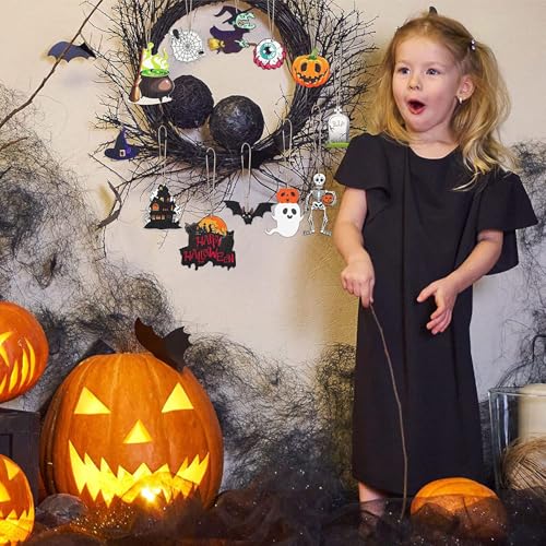 Halloween Wooden Hanging Ornaments Set - Skeleton, Pumpkin, Witch, Black Cat, 24 Pcs