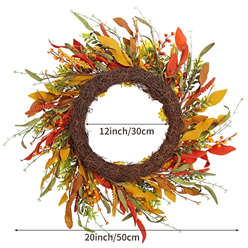 Artificial Fall Wreath 20 Inch Autumn Flowers & Leaves for Front Door Decor