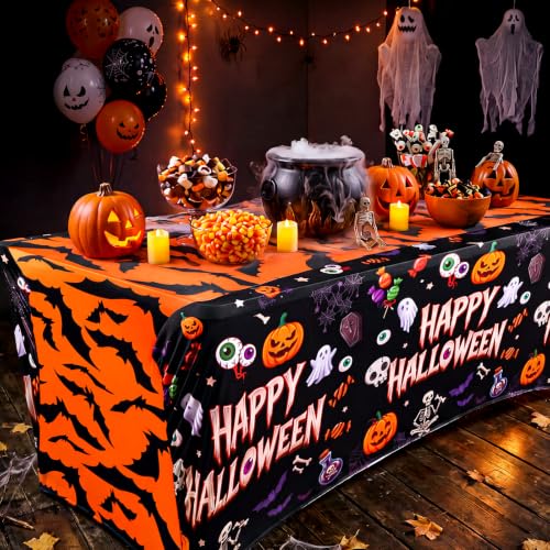 Halloween Tablecloth Set - 2 Elastic Spandex Cover with Skeletons Bats Ghosts Pumpkin - 6ft