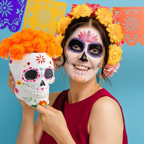 Day of the Dead Sugar Skull Centerpiece with 20 Marigolds - Halloween Home Decor