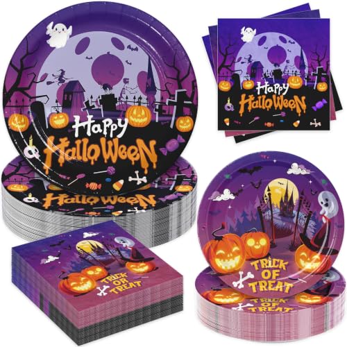 180pcs Halloween Paper Plate and Napkin Party Supplies - Serves 60