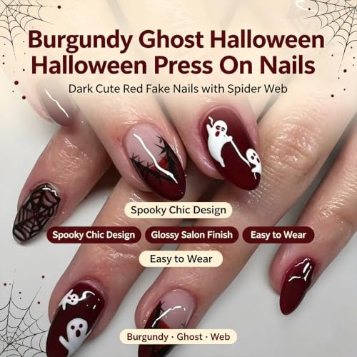 Halloween Press On Nails Medium Almond Burgundy Gradient Ghost Spider Web 30- - MJJNTTN