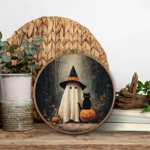 Halloween Ghost Cat Wall Art Decor - Framed Canvas Print, Rustic Halloween Home Decoration