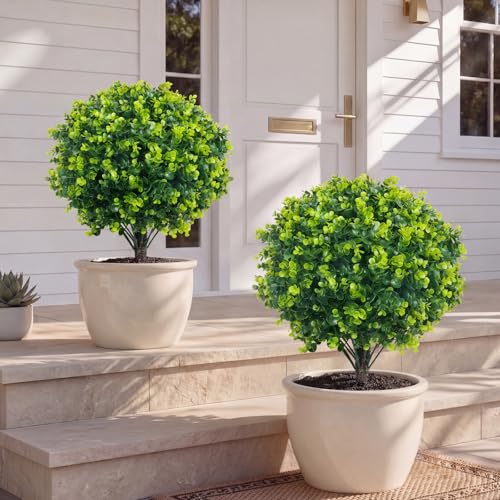 Artificial Boxwood Topiary Ball Trees Set of 2 - 20 Inch Faux Bushes for Outdoor & Indoor Decor